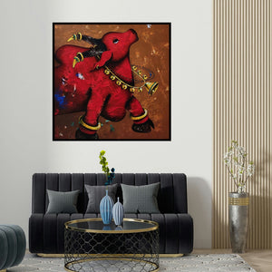 Paras Parmar's 'Nandi Bull 1 (Nandi's Gaze)' painting visualized above a sofa in a contemporary room.