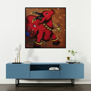 'Nandi Bull 1 (Nandi's Gaze)' painting by Paras Parmar shown on a wall in a furnished room.