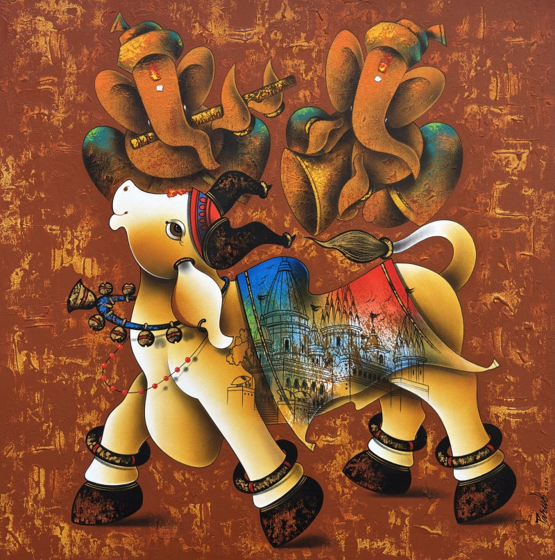 Nandi Dance To The Divine 2 Melody' religious acrylic-charcoal painting by artist Paras Parmar, 36x36 inch, on canvas
