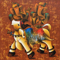 Nandi Dance To The Divine Melody by Paras Parmar, Original Acrylic-Charcoal Religious Painting on Canvas, Small Square Wall Art