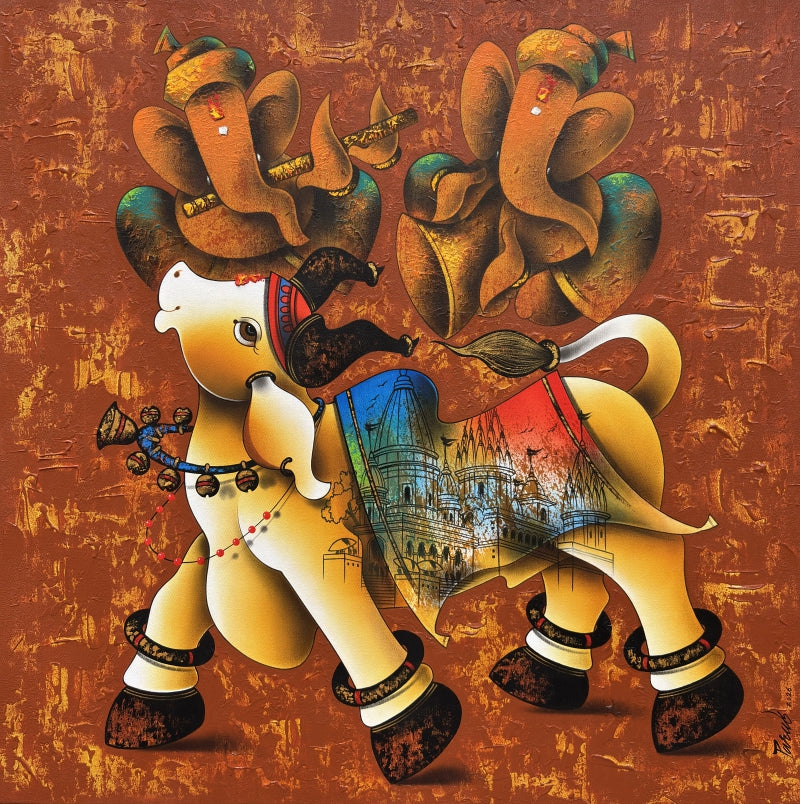 Nandi Dance To The Divine Melody' religious acrylic-charcoal painting by artist Paras Parmar, 36x36 inch, on canvas