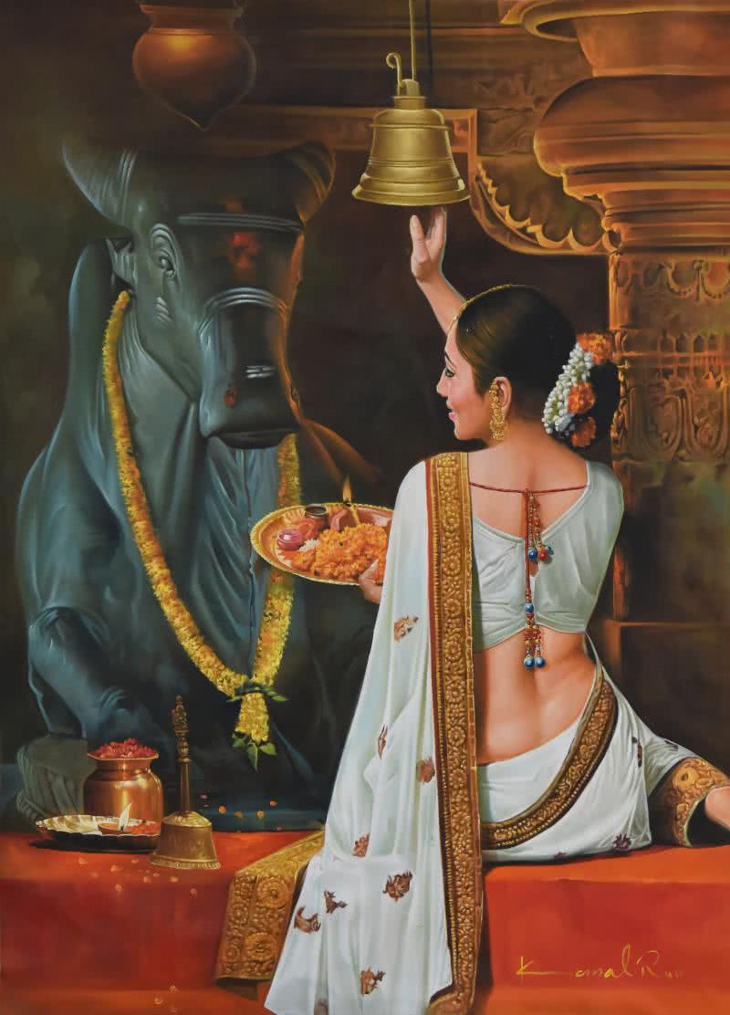 Figurative oil painting titled 'Nandi Puja', 36x48 inches, by artist Kamal Rao on Canvas