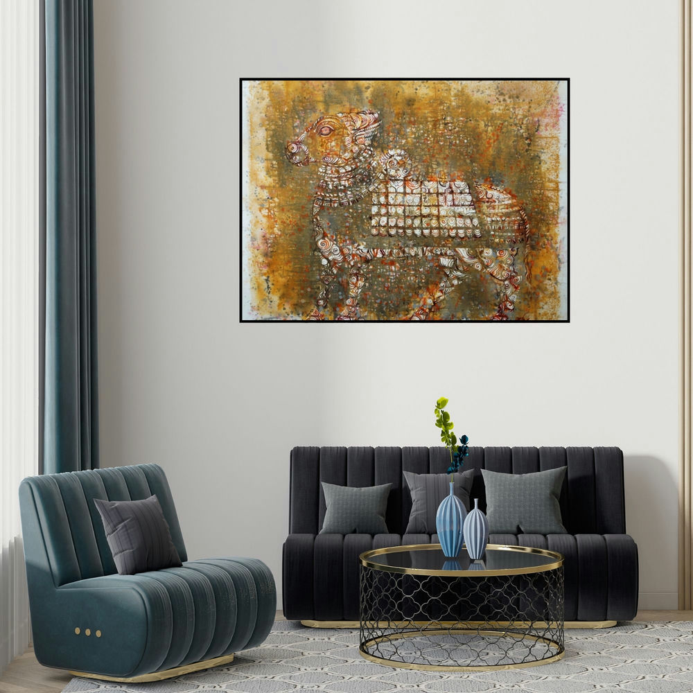 'Nandi Sacred Bull (The Divine Mount)' painting by Ram Thorat shown on a wall in a furnished room.