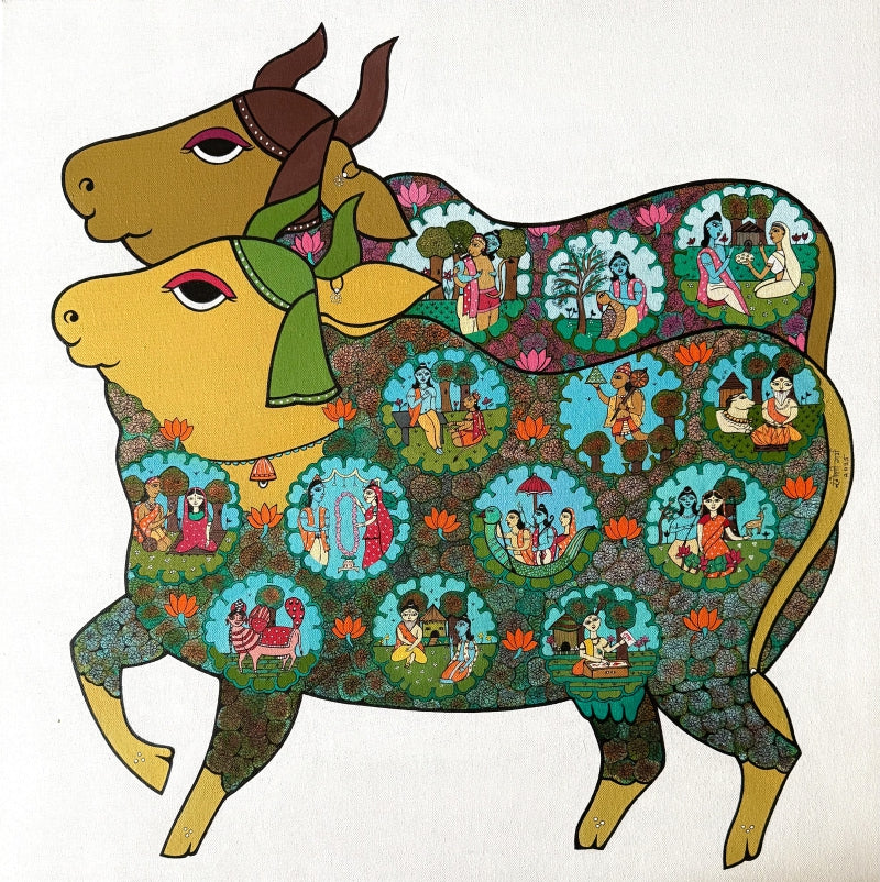 Nandishwara' religious acrylic-ink painting by artist Rangoli Garg, 24x24 inch, on canvas