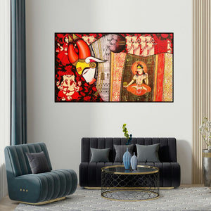 Ashok Rathod's 'Nandishwara 1 (Sacred Trinity)' painting visualized above a sofa in a contemporary room.