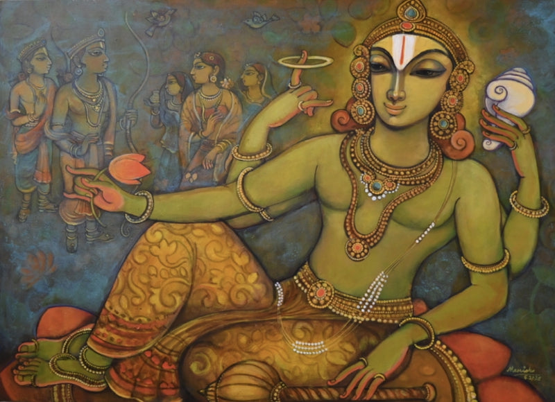 Narayan' religious acrylic painting by artist Manisha Srivastava, 36x48 inch, on canvas