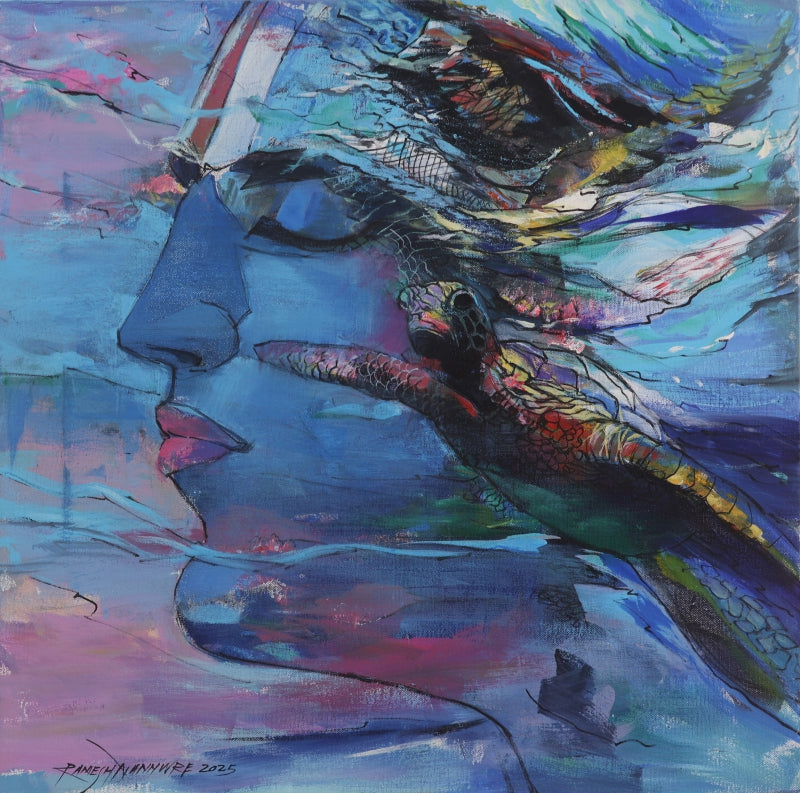 Narayana As The Tortoise' religious acrylic painting by artist Ramesh Nanware, 24x24 inch, on canvas