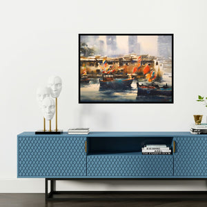 Preview of 'Nariman Point In Mumbai Iii' Painting by Ananta Mandal shown on a wall in a furnished room.