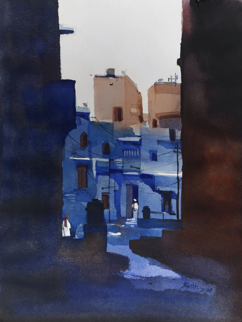 Narrow Lanes Jodhpur Blues' cityscape watercolor painting by artist Prashant Prabhu, 24x18 inch, on archival paper
