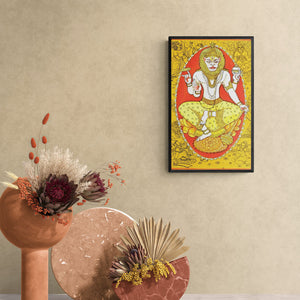 Preview of 'Narsimha Avatar (Vishnu's Narasimha Avatar)' Painting by Manisha Srivastava shown on a wall in a furnished room.