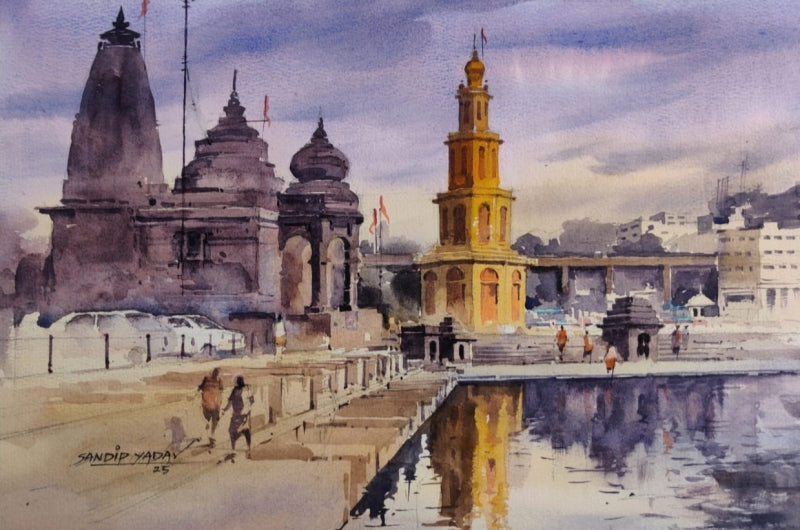 'Nashik Ghat' religious watercolor painting by artist Sandeep Yadav, 10x15 inch, on paper