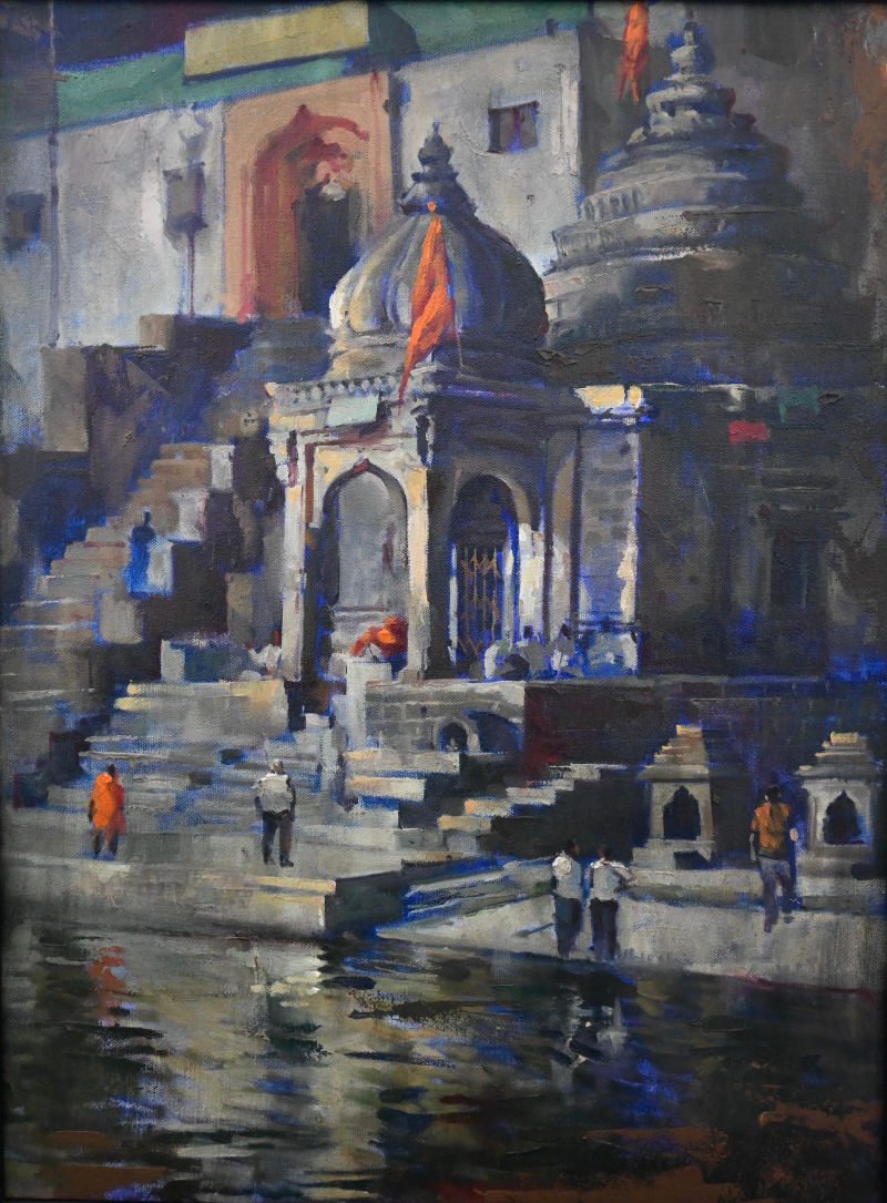 Nashik Ghat' religious oil painting by artist Prasad Thite, 24x18 inch, on canvas
