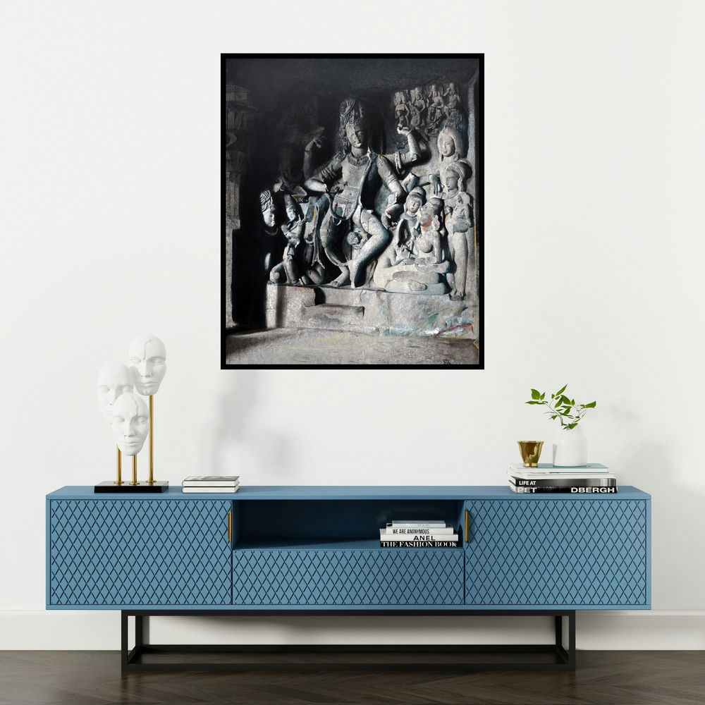 Raju More's 'Nataraja The Dancing Siva (Shiva's Cosmic Dance)' painting visualized above a sofa in a contemporary room.