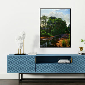 'National Park River' painting by Sanjay Sarfare shown on a wall in a furnished room.