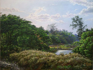 National Park1 (Riverside Reverie) by Sanjay Sarfare, Original Oil Landscape Painting on Canvas, Small Horizontal Wall Art
