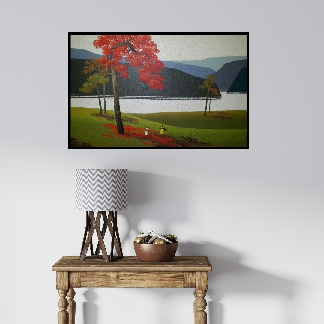 In-situ view of Satish Mane's 'Nature 2 (Crimson Majesty)' painting in a room