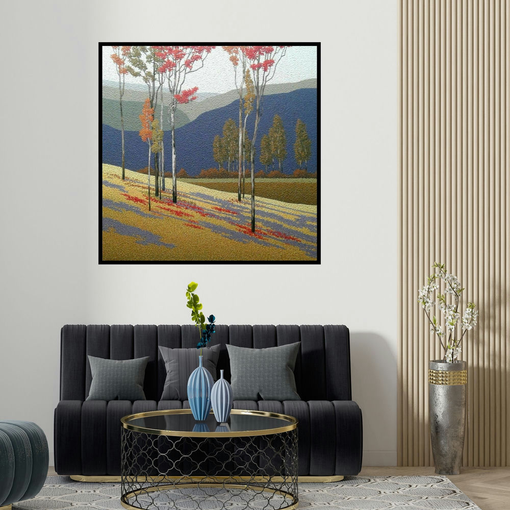 Satish Mane's 'Nature 3 (Whispers of the Woods)' painting visualized above a sofa in a contemporary room.