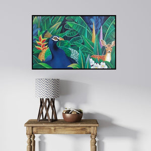 In-situ view of Murali Nagapuzha's 'Nature 3 (Jungle Encounter)' painting in a room