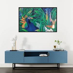Preview of 'Nature 3 (Jungle Encounter)' Painting by Murali Nagapuzha shown on a wall in a furnished room.