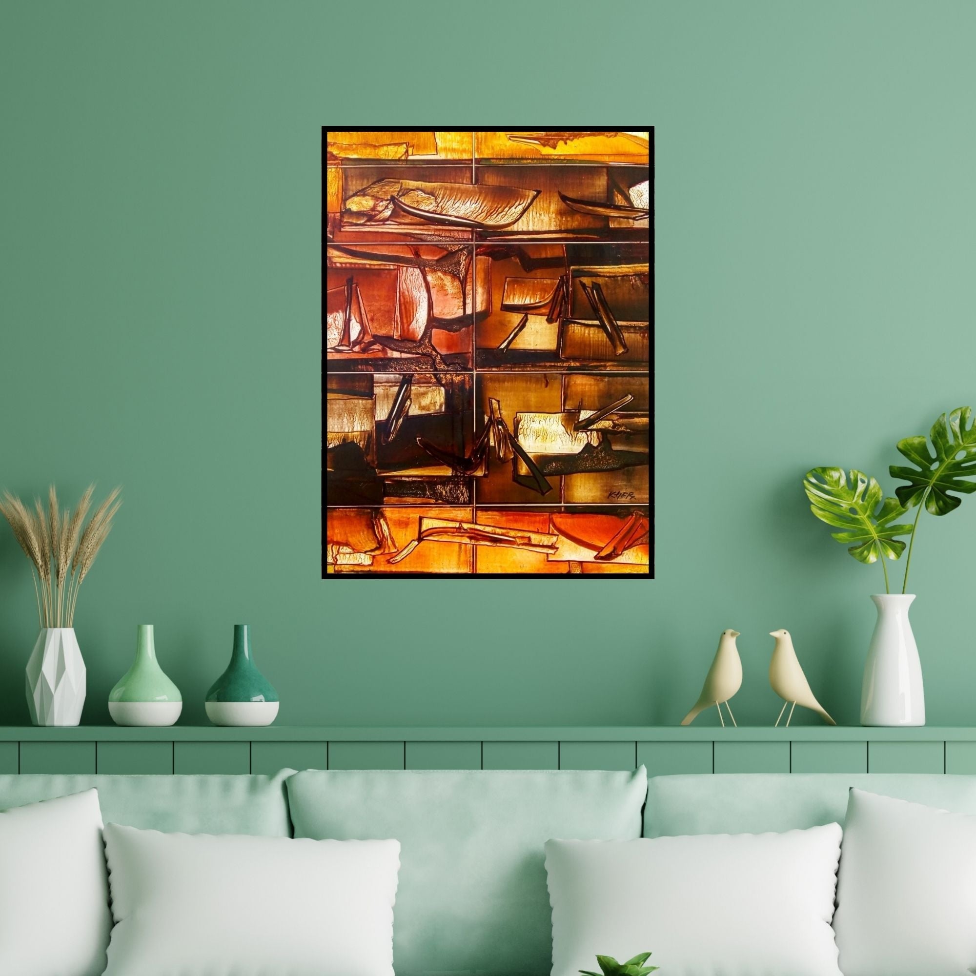 Preview of 'Nature 3 (Earth Tones)' Painting by Ramesh Kher shown on a wall in a furnished room.