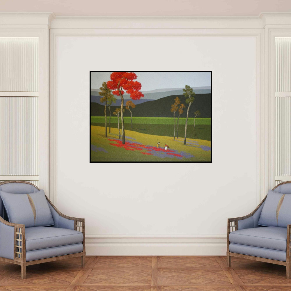 'Nature 4 (The Scarlet Sentinel)' painting by Satish Mane shown on a wall in a furnished room.