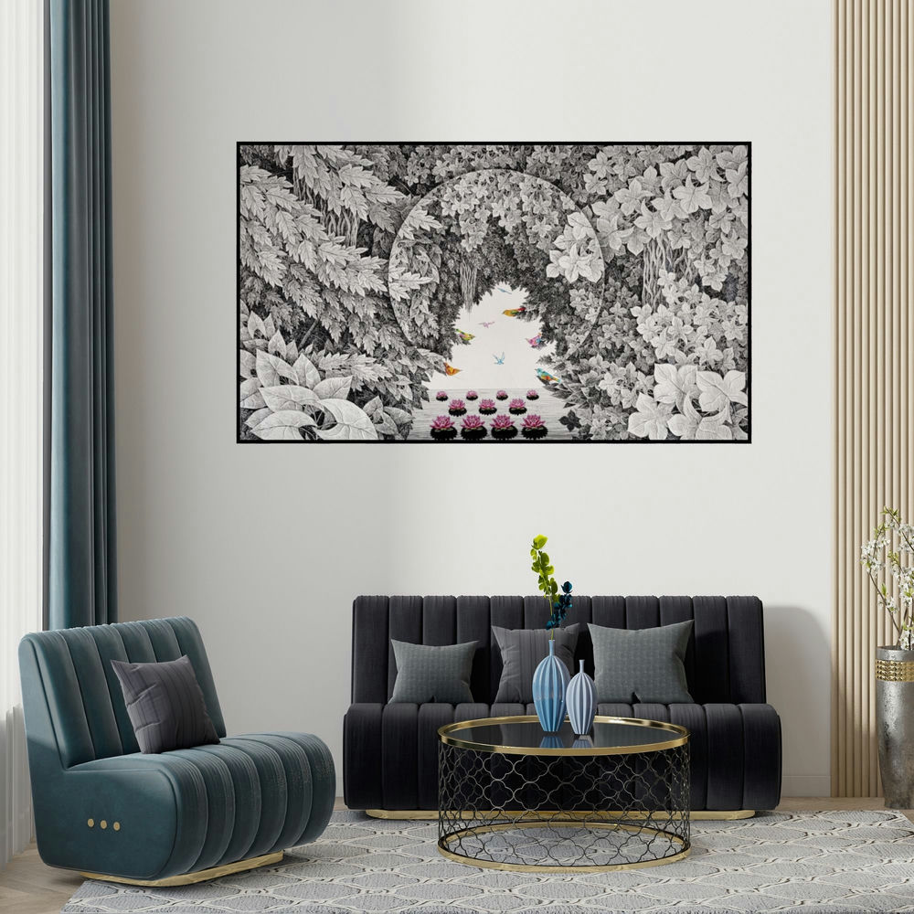 Umakant Kanade's 'Nature 5 (A Tranquil Oasis)' painting visualized above a sofa in a contemporary room.