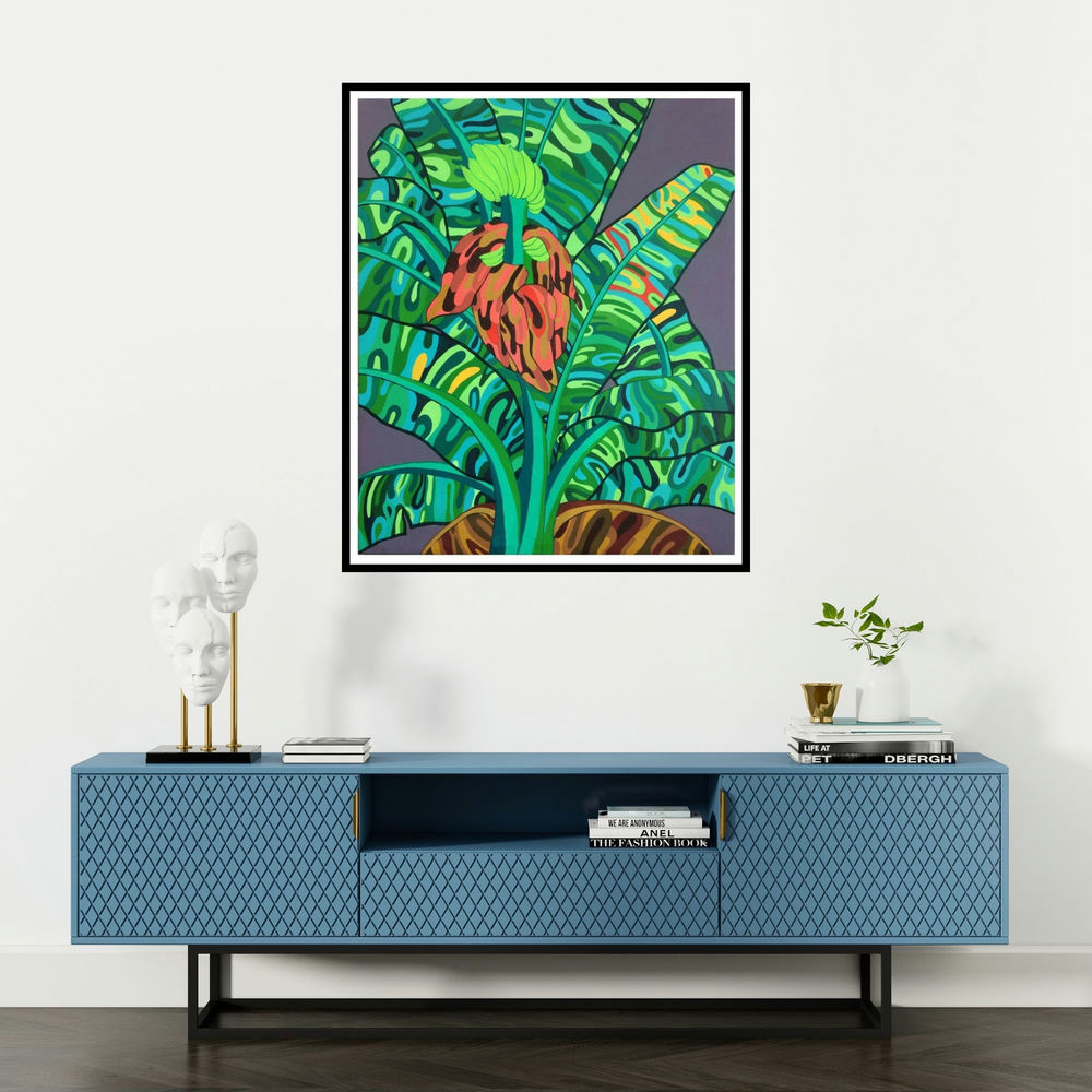 Manish Dey's 'Nature 6 (Blooming Abundance)' painting visualized above a sofa in a contemporary room.