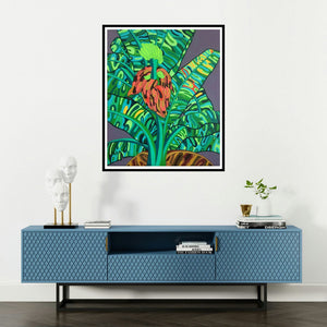 Manish Dey's 'Nature 6 (Blooming Abundance)' painting visualized above a sofa in a contemporary room.