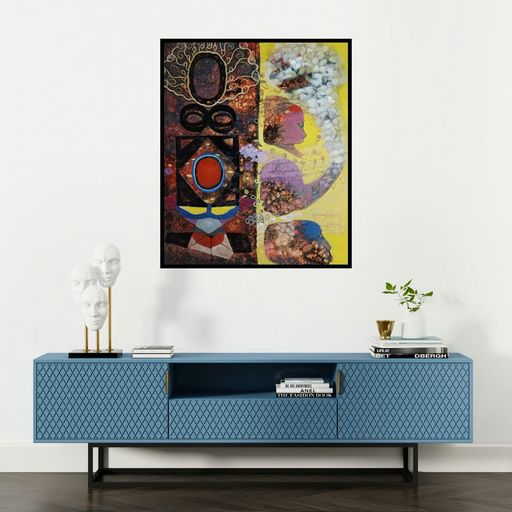 Sanjay Sahani's 'Nature (Celestial Tapestry)' painting visualized above a sofa in a contemporary room.