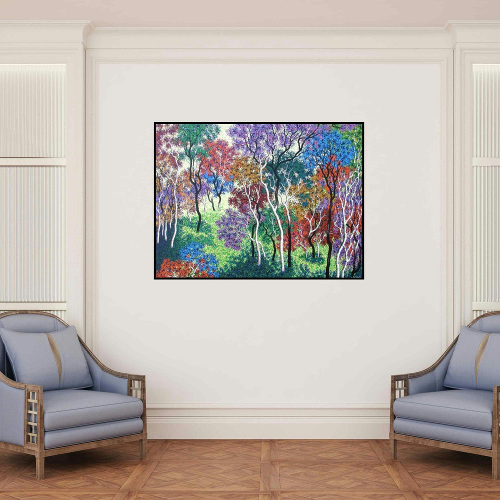 'Nature 7 (Chromatic Forest)' painting by Sanjay Devsale shown on a wall in a furnished room.