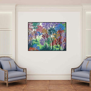 'Nature 7 (Chromatic Forest)' painting by Sanjay Devsale shown on a wall in a furnished room.