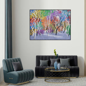 Sanjay Devsale's 'Nature 8 (Rainbow Forest)' painting visualized above a sofa in a contemporary room.