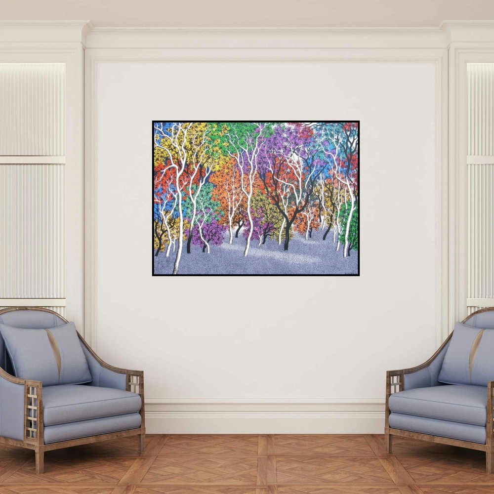 'Nature 8 (Rainbow Forest)' painting by Sanjay Devsale shown on a wall in a furnished room.