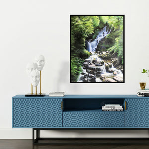 'Nature Alchemy (Cascading Serenity)' painting by Nitin Kitukale shown on a wall in a furnished room.