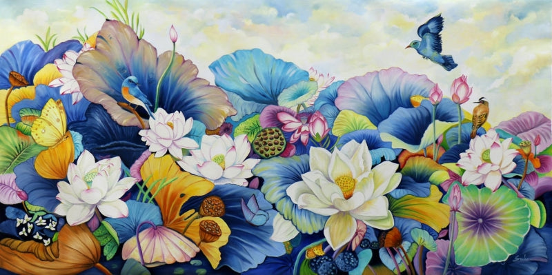 Nature Basket 47' nature oil painting by artist Sulakshana Dharmadhikari, 36x72 inch, on canvas