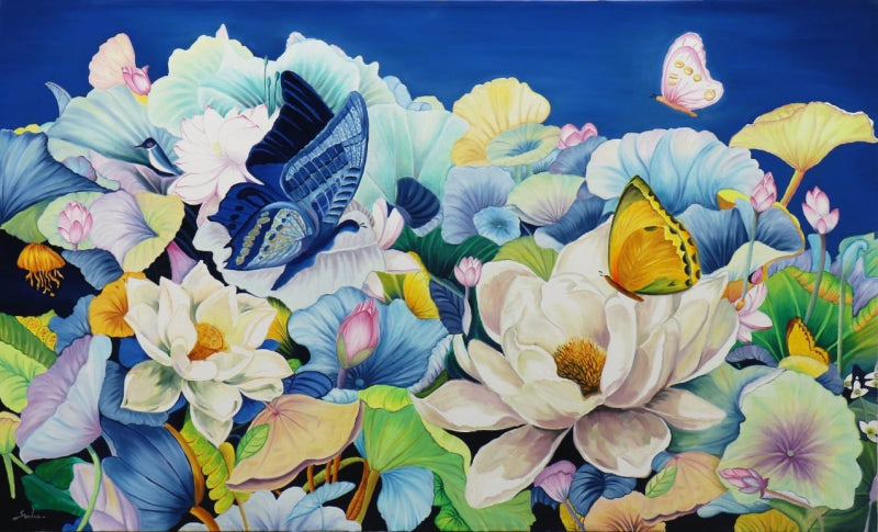 'Nature Basket 50' nature oil painting by artist Sulakshana Dharmadhikari, 36x60 inch, on canvas