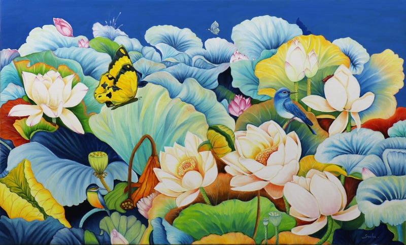 Nature Basket 54' nature oil painting by artist Sulakshana Dharmadhikari, 36x60 inch, on linen