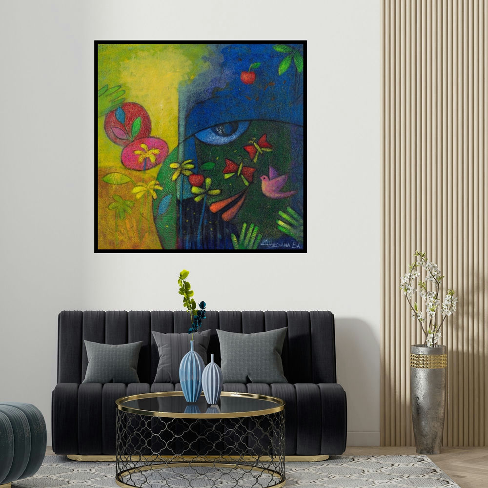 Chandana Bhattacharjee's 'Nature Eye (The Garden of Dreams)' painting visualized above a sofa in a contemporary room.