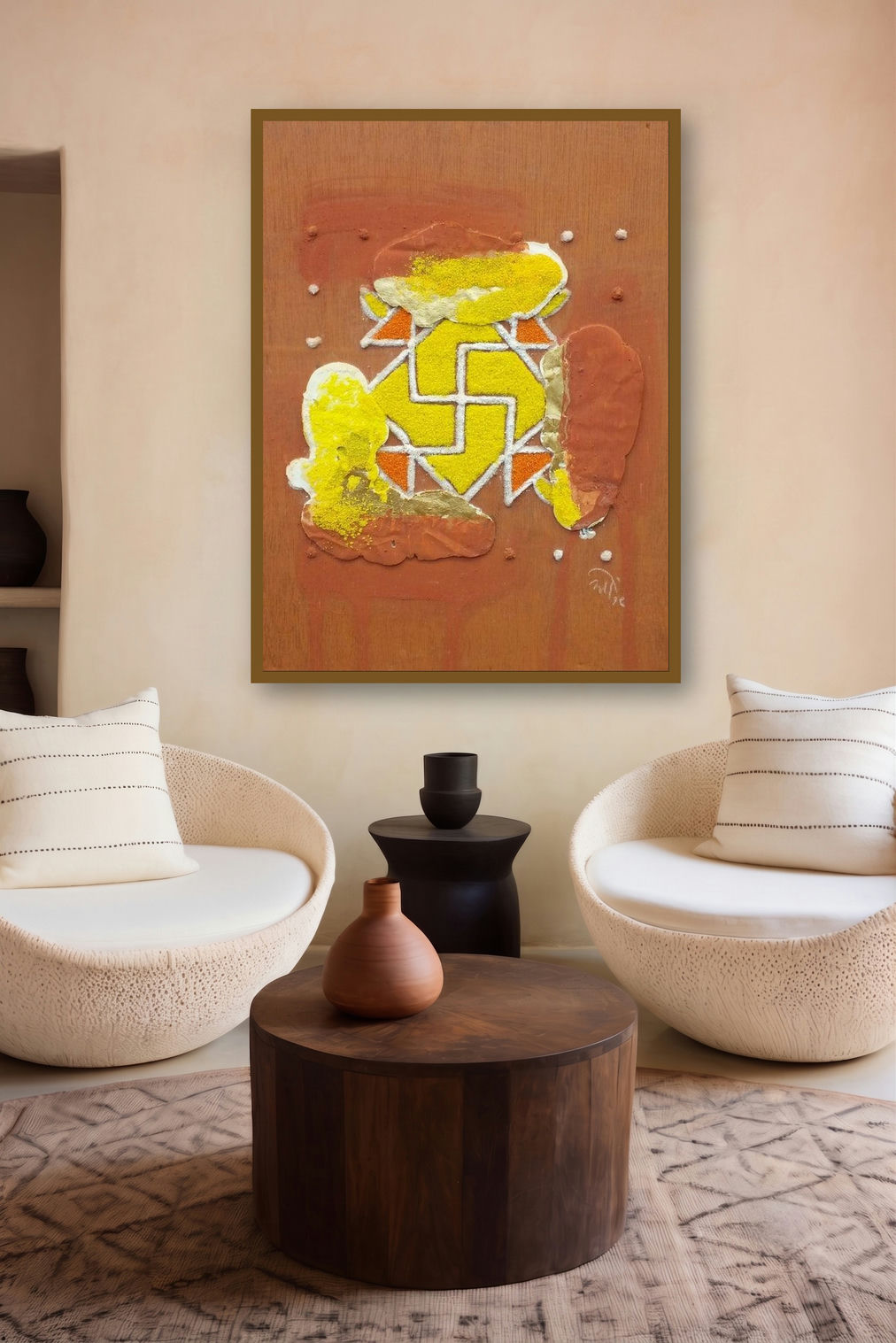 Nature Human And Culture 4 (Swastika 1) by artist Onkar Kshirsagar displayed in a Museum Style gallery