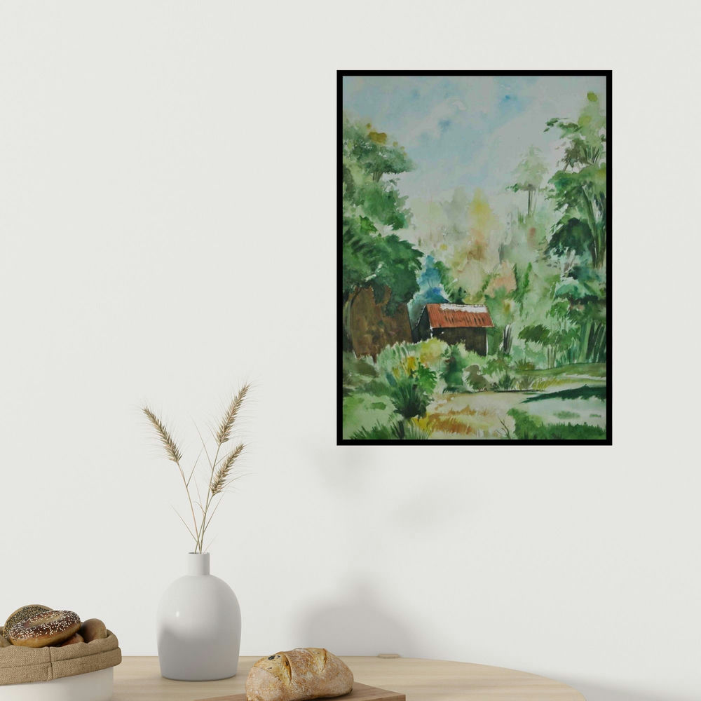 Bhavesh Patel's 'Nature I (Secluded Haven)' painting visualized above a sofa in a contemporary room.