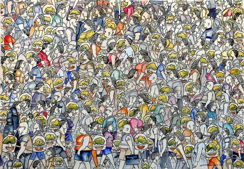 Figurative mixed media painting titled 'Nature In A Carry Bag 5', 29x39 inches, by artist Sajith Puthukkalavattom on paper