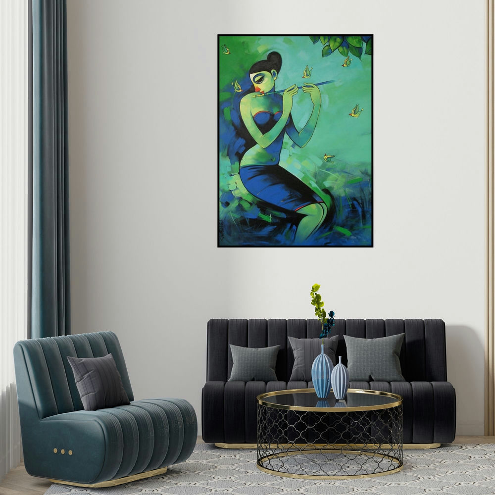 Navnath Chobhe's 'Nature Lover' painting visualized above a sofa in a contemporary room.