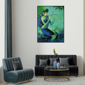 Navnath Chobhe's 'Nature Lover' painting visualized above a sofa in a contemporary room.