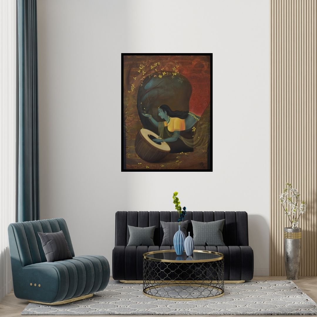 Preview of 'Nature Sound (Rhythms of Nature)' Painting by Durshit Bhaskar shown on a wall in a furnished room.