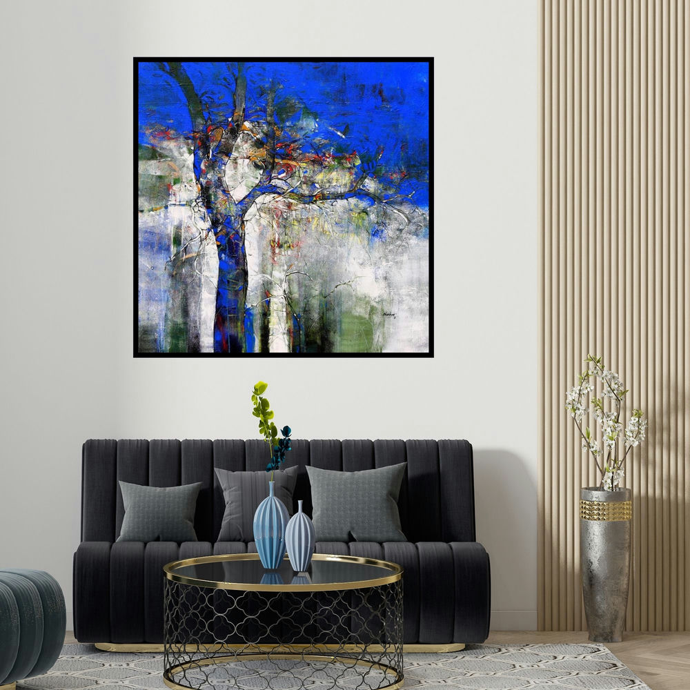 Bhaskar Rao's 'Nature Tree' painting visualized above a sofa in a contemporary room.