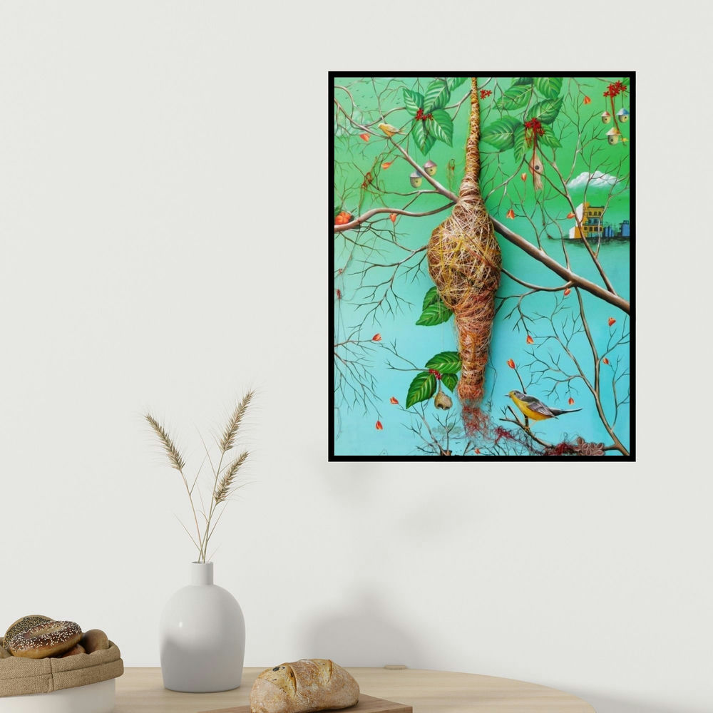 Pranita Das's 'Nature Womb (Suspended Serenity)' painting visualized above a sofa in a contemporary room.