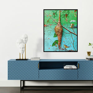 'Nature Womb (Suspended Serenity)' painting by Pranita Das shown on a wall in a furnished room.