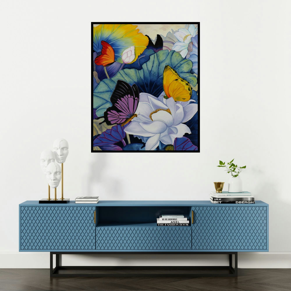 Sulakshana Dharmadhikari's 'Nature (Fluttering Harmony)' painting visualized above a sofa in a contemporary room.
