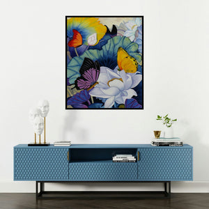 Sulakshana Dharmadhikari's 'Nature (Fluttering Harmony)' painting visualized above a sofa in a contemporary room.