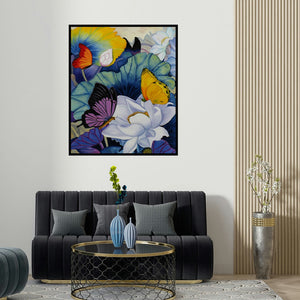 'Nature (Fluttering Harmony)' painting by Sulakshana Dharmadhikari shown on a wall in a furnished room.